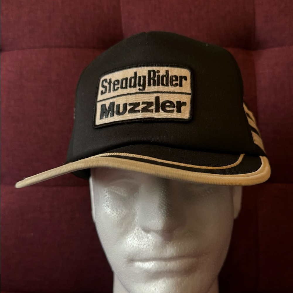 Three stripe, SnapBack trucker hat with StradyRider patch. Vintage.